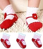 [ソミラ] SOMILA ベビーソックス 靴下 3足セット 可愛い 足袋風 滑り止め付き １～３歳 赤