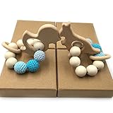 Kissteether 2pcs かぎ針編みビーズ手ぬぐいセット未処理のブナテザー、オーガニックウッド付きカンガルー アヒル のおもちゃウッドブレスレットベビーママキッズウッドテーゼバングル (木の色