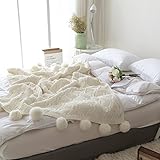 ポンポン付きニットThrow Blanket Chenille Blanket ホワイト