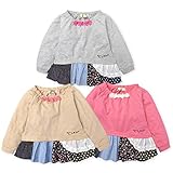 ベビー服 女の子 Tシャツ 長袖 パッチワーク調切替 女児 ベビー (3.グレー/95cm)