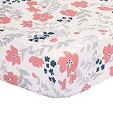 Floral Fitted Crib Sheet - Coral Pink and Navy Blue - 100% Cotton Sateen by The Peanut Shell