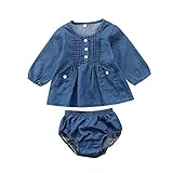 幼児　赤ちゃん　女の子　男の子　インナー服　ロングスリーブ　デニムシャツ　デニムドレス　デニムショーツ　上下服セット　ポケット付き (100cm(18ヶ月~24ヶ月), デニムドレス)