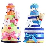 mikihouse(ミキハウス) おむつケーキ 出産祝い 名入れ刺繍 3段 オムツケーキ 今治タオル imabari towel (パンパーステープタイプＳサイズ, ブルーのリボン 男の子向け)