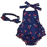 （アイム）iiniim　新生児幼児ドレス　ベビーロンパース＋ヘッドバンド２点セット　女の子花チェリープリントフリルロンパース　サマードレス　ヘッドバンド　花の子　キャミソール　おでかけ着 プレゼント 