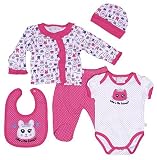 Duck Duck Gooseベビー女の子5 pc layette Clothingセットwith長袖カーディガン、閉じたつま先パンツ、ボディスーツ、よだれかけ、とキャップ カラー: ピンク