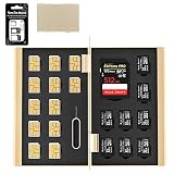 BLUECRAFT SIMカード・SDカードケース 2in1 ハイブリッド 万能 合計21枚収納【nanoSIM12枚 +SD1枚 + microSD8枚】大容量 アルミ 薄型 SIM変換アダプタ・SIMピン付属 静電対応 ゴールド