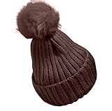 Plus Nao(プラスナオ) 子供用 ニット帽 ファーボンボン付き リブニット ワッチ ビーニー ニットキャップ キッズ ジュニア シンプル 無地 女 - ブラウン