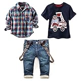 幼児用ベビー男の子3点格子柄シャツ+車プリントTシャツ+ジーンズ服セット服装 カラー: ブルー