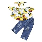 Dourabbi 子供服 赤ちゃん 新生児 幼児 夏 かわいい 3Pcs オフショルダー クロップ トップス デニム ショーツジーンズ ヘッドバンド 洋服 (120, イェロー)
