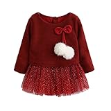 SIEGES ベビーワンピース 子供服 チュニック チュールスカート ボンボン付け 可愛い 長袖 厚手 秋冬 (80cm, ワインレッド)