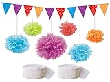 誕生日、ベビー、休日、ウェディング、シャワーや記念日デコレーション: Tissue Paper Fluff Balls (各種サイズ、虹色、12 ftポルカドットとストライプペナント、バナー、2ホワイ