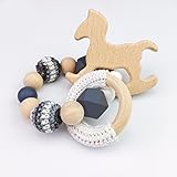 Mamimami Home 歯固め 木製 ブレスレット 可愛い 木馬の形 ガラガラ 木育 歯がため おしゃぶり かぎ針編みリング かぎ針編みビーズ 知育玩具 出産祝い 新生児贈り物 男の子 女の子 [