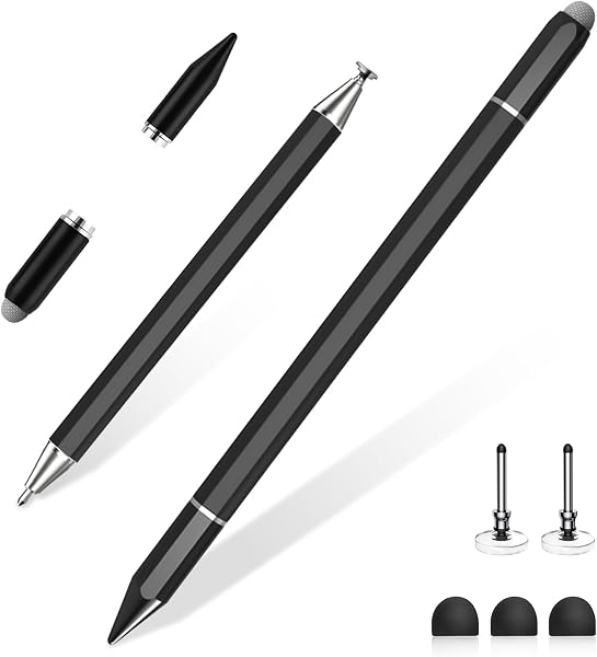 タッチペン 3in1 全機種対応 スタイラスペン 充電不要 磁気キャップ 静電容量式タッ チスクリーン対応 円盤型ペン先 ディスクチップ ニュートラルなペン先 高感度交換用ペン先付き (2ディスク+3導電繊維付属) (ブラック) - 1