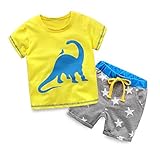 LittleSpring夏 ボーイズ 男の子 五色展開 動物柄 犬 恐竜柄 プリント ボーダー 半袖Tシャツ＆ショートパンツ カジュアル 上下セットアップ イェロー110