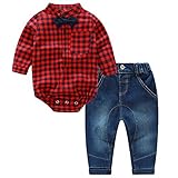 Puseky Newborn Baby Boys Red Plaid Romper Jumpsuit+Jeans Pants Outfits Clothes (6-12 Months) by puse