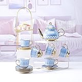 ティーセット ティーカップ セット 英国の磁器のお茶セット カップ付きのセラミックティーポットとカップホルダースタンド付きのソーサーセット大人のためのセラミックティーサービスアフタヌーンティーセット (ブルー)