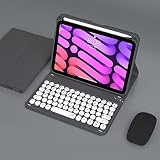 2021モデル iPad mini6キーボード付きケース マウス付き 3点セッ 軽量 超薄型 Bluetooth キーボー タッチペン収納 iPad mini 6 第6世代 8.3インチ 保護ケース キーボード付き 無線 マグネット 分離式 学生 可愛い 丸いキー 丸型 (iPad mini6（2021）, 黒)