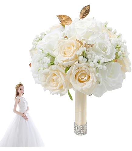 Amazon｜滝の白いユリ アイボリーのバラ 結婚式の花 ブライダル ブーケ