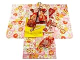 式部浪漫 ブランド 7歳用 四ッ身着物 結び帯・箱せこセット 総柄 ピンク色着物 赤帯 7kk-12