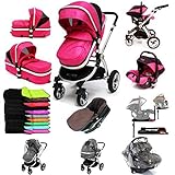 i-Safe System + iSOFIX Base - Raspberry (Pink) Trio Travel System Pram & Luxury Stroller 3 in 1 Comp