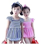Plus One キッズ 女の子 女児水着 セパレート ボーダー柄 子供水着 スクール スイムウエア UVカット 3点セット (Lサイズ, ピンク)