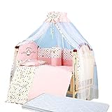 無塗装木製ベビーベッド ロングユース プレイヤード YUBEILE 天蓋蚊帳付 マットレス付 お布団セット付 ガードセット付 3段階調整 (ピンク)