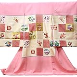 【お宮参り着物】【淡いピンク系 市松に吉祥柄】女の子 友禅 刺繍 正絹【風呂敷プレゼント/ギフト対応】