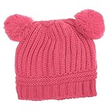 赤ちゃん　キッズ　冬　ビーニー　かぎ針　編み　ニット　暖かい　帽子　二つのボール　可愛い　キャップ　ボンボン耳付　全5色 - ピンク