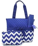 Quilted Royal Blue And White Chevron Print Monogrammable 3 Piece Diaper Bag With Changing Pad Tote B