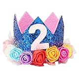 COMVIP 赤ちゃん 誕生日パーティー かわいい 花付き 王冠 バースデークラウン プリンセス 子供用 ベビー ティアラ 写真記念 コバルトブルー2