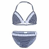 （フィーショー)FEESHOW 子供 水着 女の子 セパレート キッズ ビキニ 2点セット チェック柄 キュート 子供 女児 ジュニアスイムウェア ブルー 140/10（7-8歳）