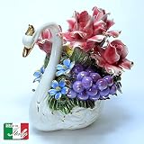イタリア製 バラ 陶花 スワン 薔薇 と 白鳥 陶器 ハンドメイド オブジェ ローズ アレンジメント cog-852