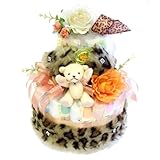 お洒落なファー！ヒョウ柄テディベアおむつケーキ【シャーベットピンク・リボン】華やか2段型オムツケーキ L