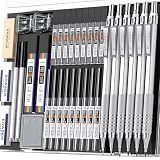 STAGEEK 34本入りアートメタルシャープペンシルセット、アートドラフティングペンシル3本（0.5、0.7、0.9MM）＆メカニカルドローイングペンシル3本（2MM）、384本の芯（6B、4B、2B、HB、2H、4H、カラー）付き、筆記、スケッチ、描画用、シルバー