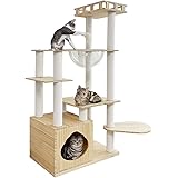 日本メーカー RAKU 木製キャットタワー 透明宇宙船 多頭飼い 据え置き型 猫タワー 丸角設計 猫 爪とぎポール おもちゃ ねこハウス 落下防止柵付 おしゃれ 高い安定性 お手入れ簡単 運動不足解消 中敷クッション付き 112CM (木製タイプC)