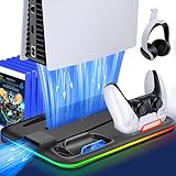 Kawaye RGB 冷却ステーション Playstation 5用 充電スタンド 冷却ファン デュアルコントローラー付き PS5用充電ステーション 冷却スタンド 多機能アクセサリー 垂直スタンド 6スロット ヘッドセットホルダー