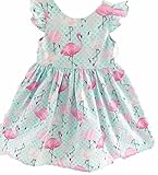 子供服 ベイビーガールズドレスフラミンゴプリントキルトブルーレースプリーツショートスリーブプリンセススカート (80)