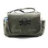 Heavyweight Carry-All Messenger Diaper Bag in Olive with A Black Scribble Skull by Crazy Baby Clothi
