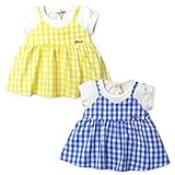 (ブルー/80cm)ベビー服 女の子 チュニック 半袖 重ね着風 チェック柄キャミ 胸切替 バックゴム入り ロゴ刺繍 女児 ベビー