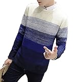 【Smile LaLa】 メンズ セーター ニット ボーダー Uネック 防寒 あたたかい グラデーション 秋冬 オシャレ トップス カジュアル (2XL, ネイビー)