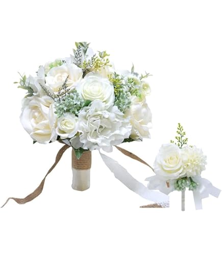 Amazon｜滝の白いユリ アイボリーのバラ 結婚式の花 ブライダル ブーケ