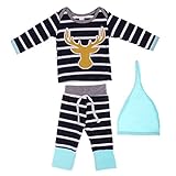【ノーブランド品】新生児　子供服　コットン　ストライプ柄　鹿　長袖　トップス　シャツ　パンツ　帽子　衣装　上下セット　3点セット　カジュアル　　全4サイズ - 80センチメートル