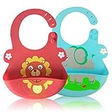 LOHOME防水シリコンBaby Bibs – 簡単にふき取るクリーンBib with Wide Food Crumb Catcherポケットソフト快適for your幼児用のセット2色