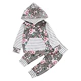 EC子供赤ちゃん男の子女の子花柄ストライプフード付きコートトップスパンツカジュアル服装服セット カラー: グレー