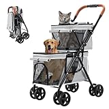 LPOTIUS ペットカート 多頭 上下2段式 ペットバギー ワンタッチ 折りたたみ 犬用ベビーカー コンパクト 収納便利 4輪 前輪360°回転 後輪ブレーキ付き 軽量 犬用カート 小型犬 中型犬 犬猫兼用 耐荷重20KG 上段8KG 下段12KG 多頭飼い対応 お出かけ 散歩 通院 介護用 ドッグカート 組み立て簡単（深い黒）