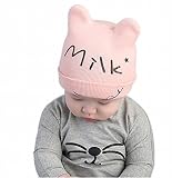 赤ちゃん ニット帽子 柔らかい帽 ベビー 用帽子 milkプリント 長耳帽子 可愛い 秋冬 防寒 (ピンク)