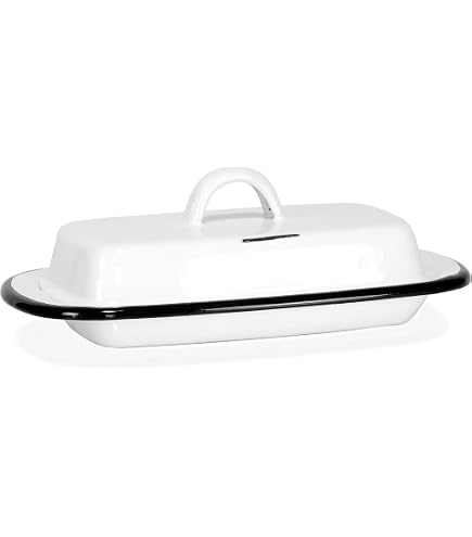thumbnail image 2 of White Enamel Butter Dish With Lid - Red Trim Retro Farmhouse Style 2 of 6
