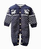 カバーオール 子供服 ニット 裏ボア セーター ベビー 赤ちゃん 男の子 女の子 ロンパース ジャンプスーツ 冬 長袖 可愛い (ネイビー, M)