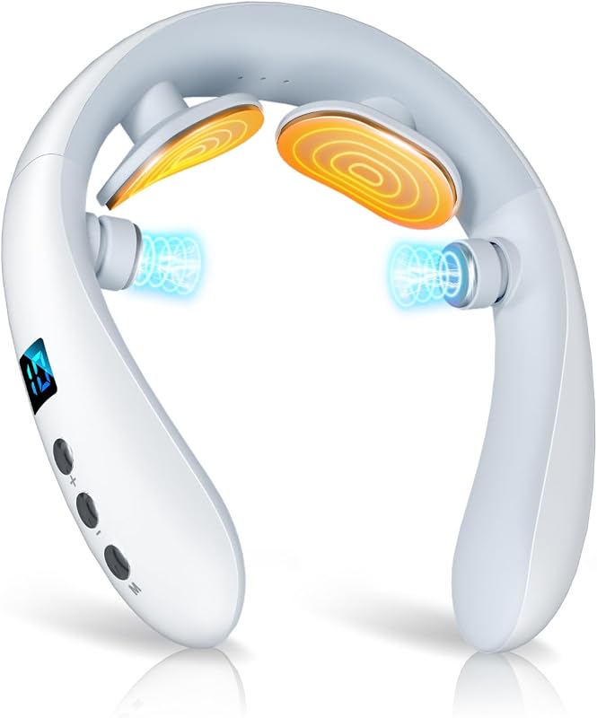 【新登場】 ネックケア 首 リラクゼーション器 EMS & TENSのW効果・加温・振動機能 首元ケア 首元リフレッシュ TYPE-C充電式 静音 軽量 小型 10種類モード 16段階強度調整 自動オフ機能 液晶ディスプレイ 簡単操作 記念日 誕生日プレゼント 男女兼用 日本語説明書付(ホワイトxグレー)