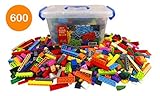 Bucket of Building Bricks - 600 PC Bulk Blocks with Roof Pieces - Tight Fit and Compatible with Lego